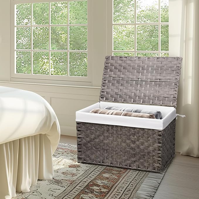 Wicker Storage Basket with Lid, 42.3 Gallon (160L) Large Blanket Basket with Lid, Woven Storage Bin with Handles, Removable Liner, Metal Frame, Foldable, for Bedroom, Laundry Room, Grey-Ruum Studio Home