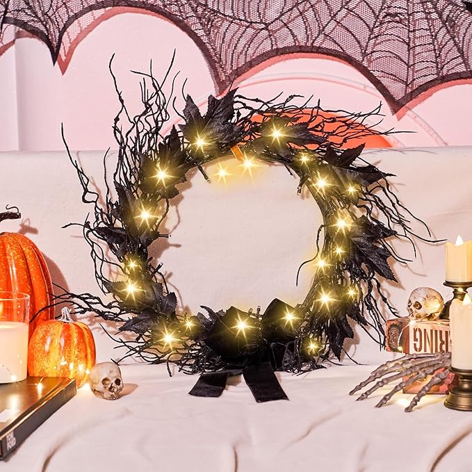 JORNOY 16inch LED Halloween Wreath with Battery Timer - Black Artificial Leaves&Silk Ribbon Decor Hanging for Front Door, Mantel, Porch, Wall, Party Decorations-Ruum Studio Home