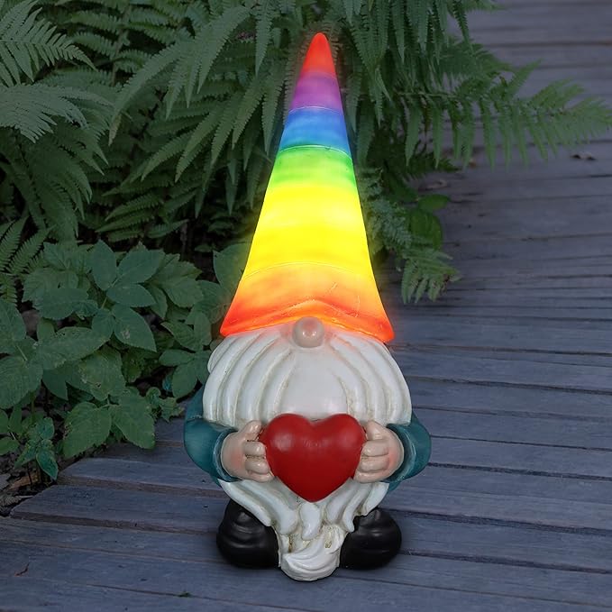 Exhart Garden Gnome, Solar Garden Gnome Statue with Heart, LED Rainbow Hat, Cute Outdoor Garden Decoration, 6 x 12.5 Inch, Multicolor, Resin-Ruum Studio Home