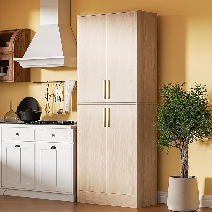 71" Tall Pantry Cabinet with 4 Doors, Kitchen Pantry Storage Cabinet, Freestanding Larder Cupboard, Utility Kitchen Hutch with Gold Handles for Dining Room, Bathroom, Oak-Ruum Studio Home