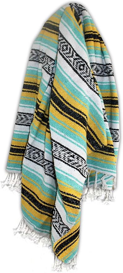 Del Mex Classic Mexican Blanket, Large Authentic Woven Falsa Throw (70"x50"), Artisan Southwest Décor for Beach, Yoga, Outdoors (Mint/Yellow)-Ruum Studio Home