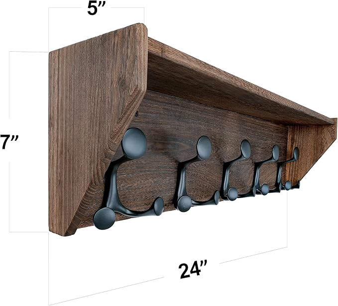 SKOLOO Wall Shelf with Hooks, 24-Inch Weathered Brown Coat Rack Wall Mount with Shelf Organizer - Lightweight & Sturdy, 5 Tri Hooks - Perfect for Entryway, Hallway, Living Room, Bedroom, Mudroom-Ruum Studio Home