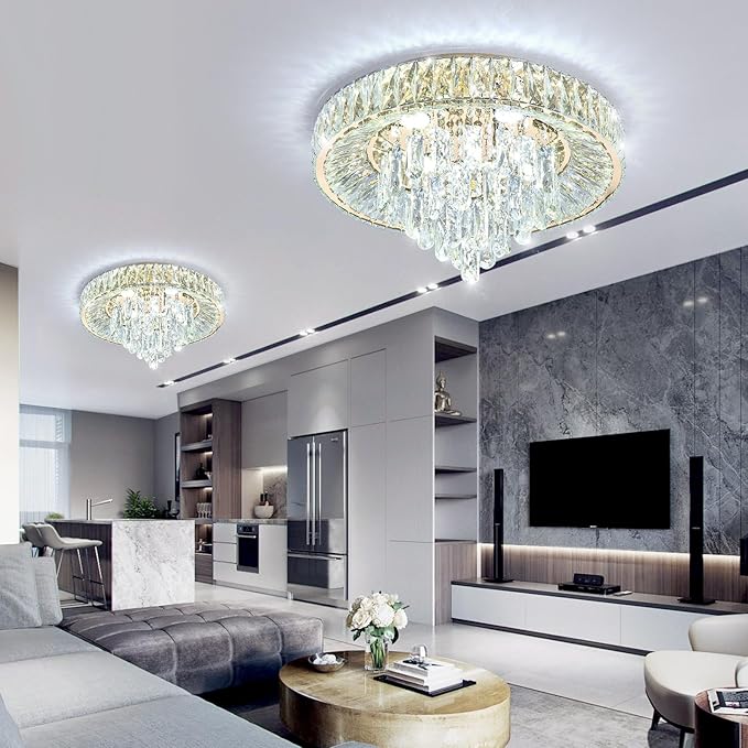 Modern Crystal Chandeliers for Dining Room LED Light Fixture Close to Ceiling Chandelier Flush Mount Ceiling Light Dimmable Lamp with Remote for Living Room Bedroom Hallway-Ruum Studio Home
