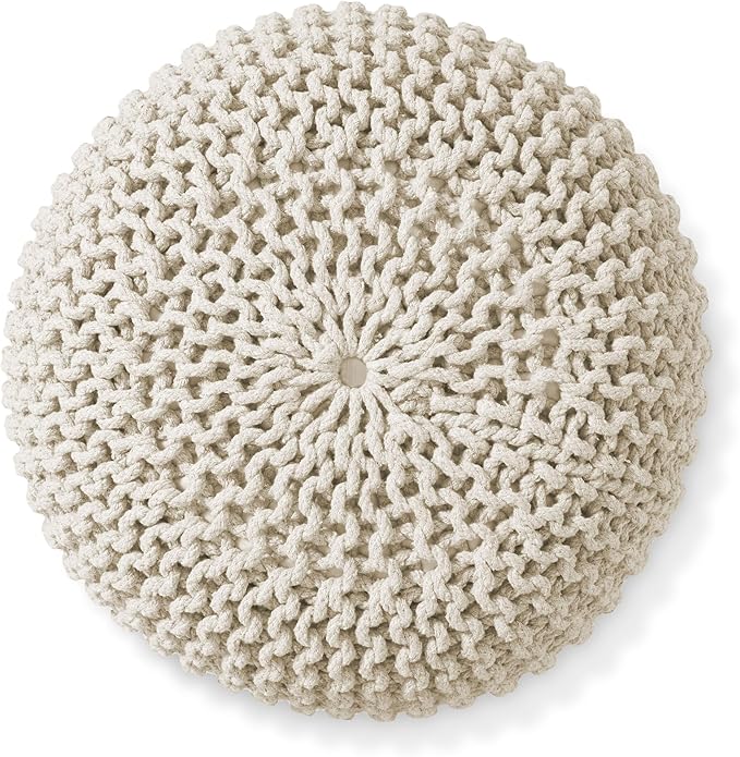 Casafield Round Pouf Ottoman, Natural - 20" Diameter x 14.5" High Cotton Knit Foot Stool - Boho Floor Pouffe for Living Room, Bedroom, Home Office-Ruum Studio Home