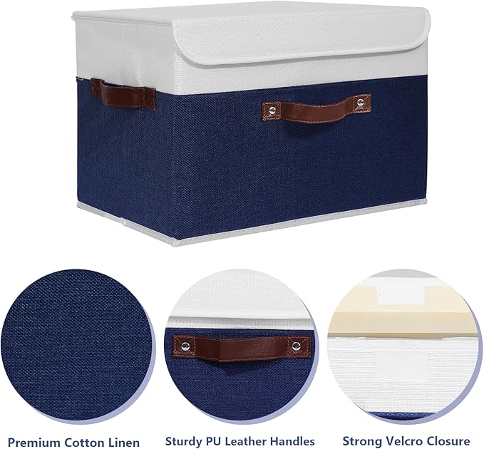 ANMINY 2PCS Storage Boxes with Lid Washable Decorative Storage Bin Basket with PU Leather Handle Foldable Linen Fabric Storage Cube Container for Home Closet Organizer - Deep Blue White, Large Size-Ruum Studio Home