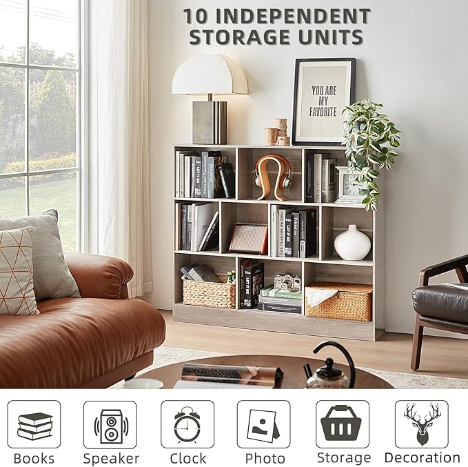 LEYAOYAO 10 Cube Bookshelf with Base,3 Tier Mid-Century Modern Grey Bookcase,Standing Wide Bookshelves Storage Organizer Shelf,Rustic Wood Display Cabinet Book Shelves for Bedroom,Living Room,Office-Ruum Studio Home