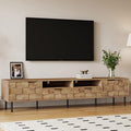 Modern TV Stand for TVs up to 85", Mid-Century Media Console with Checkered Cabinet Doors, Storage Drawers & Open Shelves, Wood Entertainment Center with Metal Legs-Ruum Studio Home