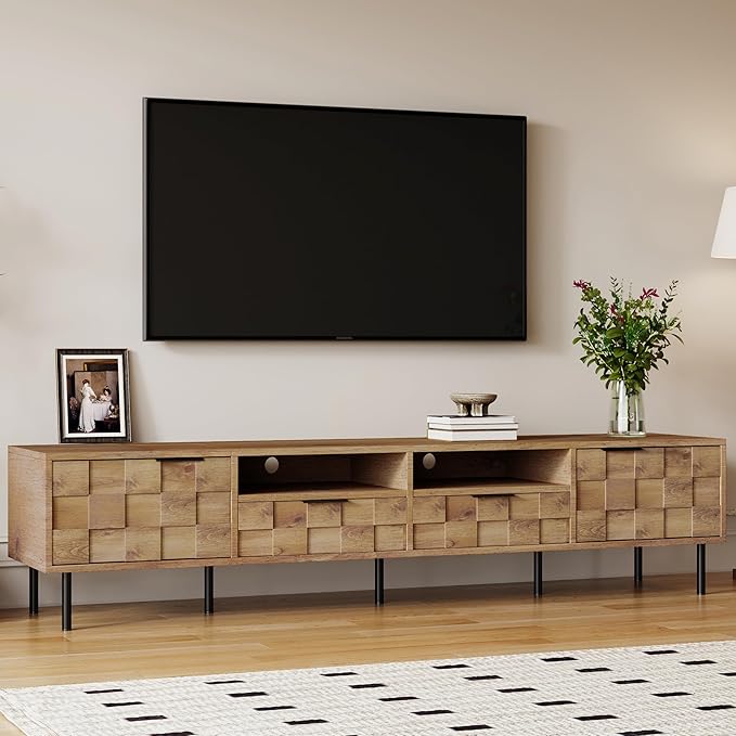 Modern TV Stand for TVs up to 85", Mid-Century Media Console with Checkered Cabinet Doors, Storage Drawers & Open Shelves, Wood Entertainment Center with Metal Legs-Ruum Studio Home