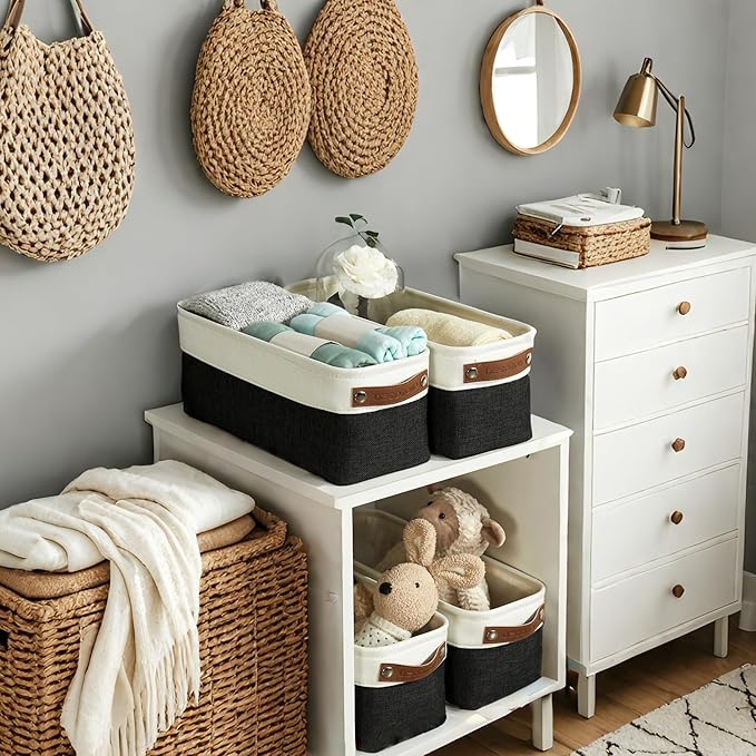 DECOMOMO Narrow Storage Bins Small Baskets for Organizing Bathroom, Toilet Tank, Towel Storage, Entryway, Gifts (Black and White - Set of 4)-Ruum Studio Home