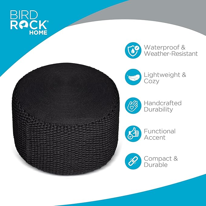 BIRDROCK HOME Outdoor Pouf Ottoman | Hand Woven Waterproof Foot Stool with Bead Bag Filling | Boho Foot Rest for Patio, Living Room, Porch & Outdoor Seating | Lightweight, Soft Stuffed Chair | Black-Ruum Studio Home