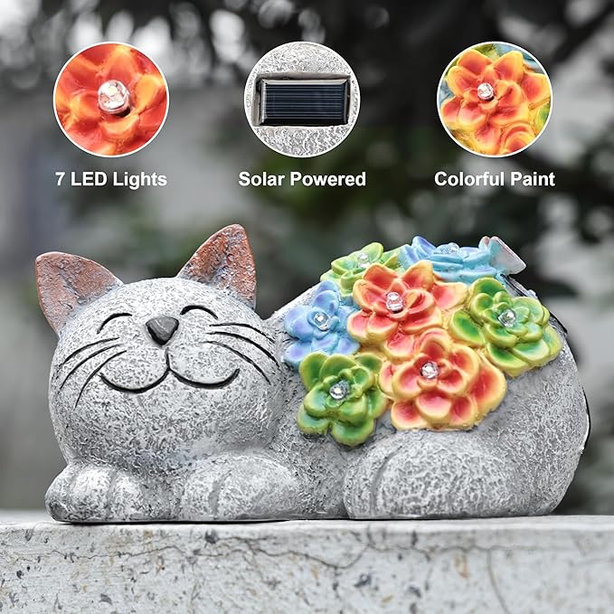 Otdair Solar Garden Decor Cat, Cat Lover Gifts with Succulent and 7 LED Lights for Outside,Outdoor Solar Lights for Yard, Garden and Patio, Unique Gift for Women-Ruum Studio Home