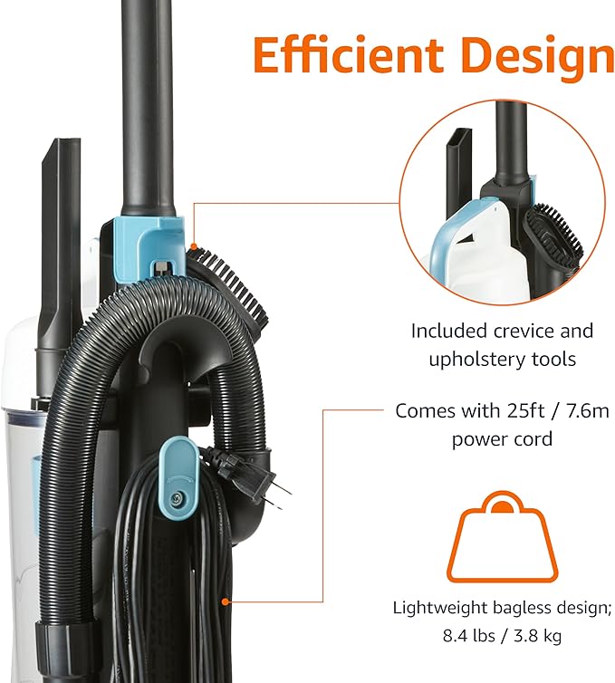 Amazon Basics Upright Bagless Vacuum Cleaner for Carpet and Hard Floors, With Crevice and Upholstery Tools, Detachable Handle, Lightweight (8.4 lbs), 1.7L Dust Cup, 720W, 25ft Cord, Black/White-Ruum Studio Home