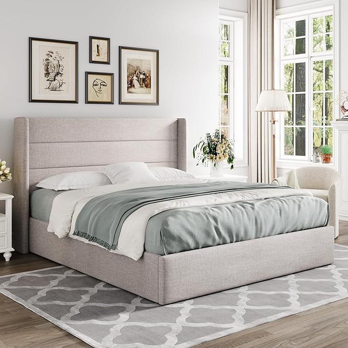 Allewie Queen Size Lift Up Storage Bed, Modern Wingback Headboard, Hydraulic Support, No Box Spring Needed, Light Beige-Ruum Studio Home
