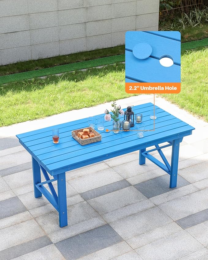 HDPE Outdoor Dining Table, 66.9” Rectangle Patio Dining Table for 6, All-Weather HDPE Outdoor Table with 2.2” Umbrella Hole, HDPE Patio Furniture for Deck, Backyard, Garden, Pool, Sky Blue-Ruum Studio Home