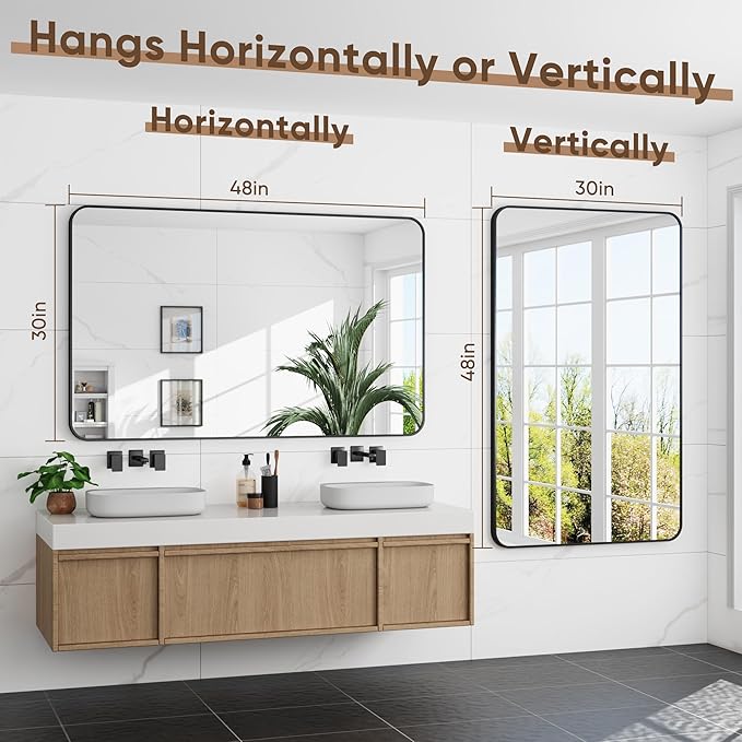 Bathroom Mirror 48" x 30", Large Rectangle Wall Mirror, Black Metal Frame Wall Mounted Mirrors for Bathroom, Vanity, Bedroom, Entryway Decor(Horizontal/Vertical)-Ruum Studio Home