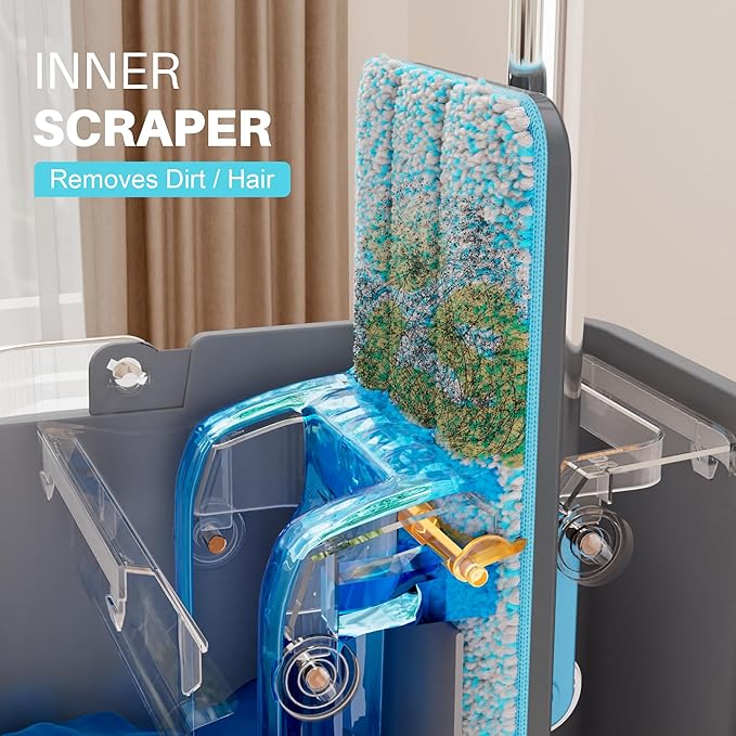 JOYMOOP Mop and Bucket Set with Wringer, with 3 Reusable Microfiber Mop Pads, Mops for Floor Cleaning and Wall Cleaning, Hands-Free Flat Mop for Home Use - Grey+Cyan Blue-Ruum Studio Home