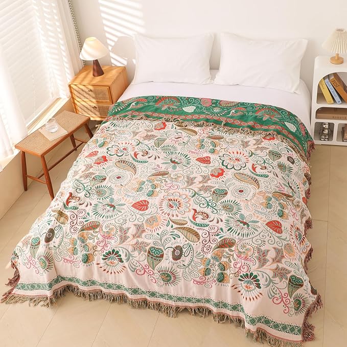 Snycler Cotton Bed Throw with Tassels, Double-Sided Bohemian Spring Flowers Plants Throws for Sofas, 80x90 inch Woven Warm Blanket for Single Sofa, Bedspread and Settee Couch Travel Green-Ruum Studio Home