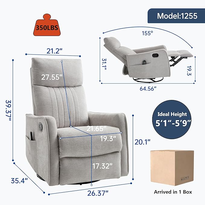 Manual Swivel Rocker Recliner Chair for Adults, Overstuffed Reclining Glider Chair for Nursing with Vibration Massage & Heat, Living Room Rocking Recliner 2-Stage backrest, Chenille Fabric Light Gray-Ruum Studio Home