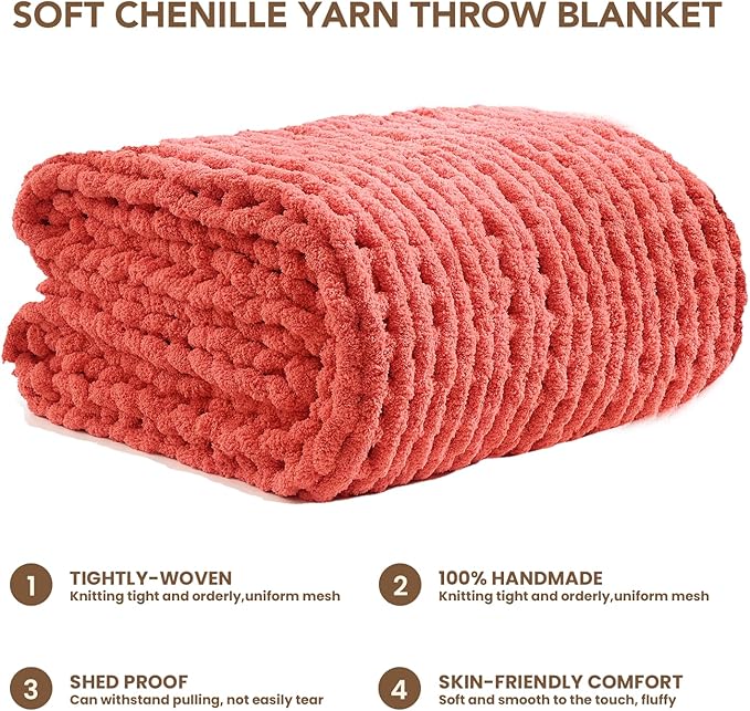 L'AGRATY Chunky Knit Blanket Throw: 50''x60'' Chenille Chunky Knitted Throw Blankets for Bed Couch - Handmade Thick Cable Knit Blanket - Large Crochet Rope Blankets for Home Decor(Coral Pink)-Ruum Studio Home