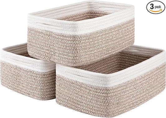 3 Pack Small Storage Baskets for Organizing, Cute Woven Decorative Gift Baskets for Shelves, Mini Closet Organizer Bins with Handles, 11.81''Lx7.87''Wx4.72''H-Brown and White-Ruum Studio Home