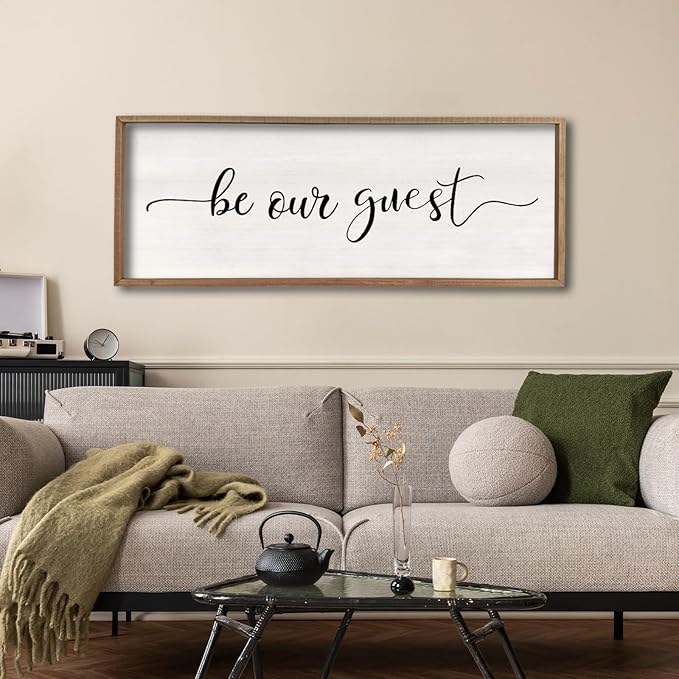 comurdyo Be Our Guest Wall Decor Sign 40”X15” Large Master Bedroom Above Bed Wall Decor Wood Framed Guest Room Sign Simple Rustic Farmhouse Over Bed Bedside Wall Art (Wood)-Ruum Studio Home