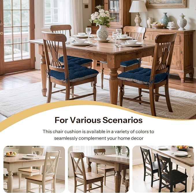 Non Slip Chair Cushions for Dining Chairs Set of 4 Kitchen Chair Cushions 18"x18"x3" Turfted Chair Pads Comfortable and Soft Seat Cushion with Ties, Navy-Ruum Studio Home