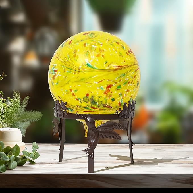 Gazing Ball 10 inch Colorful Glass Gazing Ball for Garden Decor, Indoor Outdoor Glass Gazing Globe Yard Decoration, Yellow-Ruum Studio Home