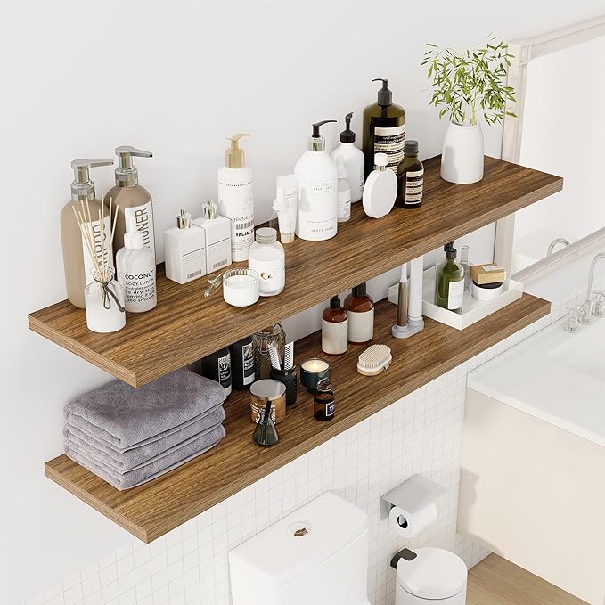 55" Floating Shelves for Wall, 12" Deep Slim Walnut Floating Shelves, Wall-Mounted Shelves for Bedroom, Living Room, Kitchen, Bathroom - Set of 2-Ruum Studio Home