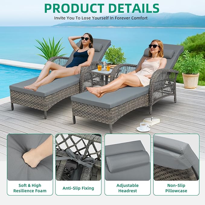 VIVIJASON 3 Pieces Outdoor Wicker Chaise Lounge Chair Set, All-Weather PE Rattan Cushioned Patio Lounger Set of 2 with Side Table, Adjustable Pool Sunbathing Recliner with Armrest & Pillow, Gray-Ruum Studio Home
