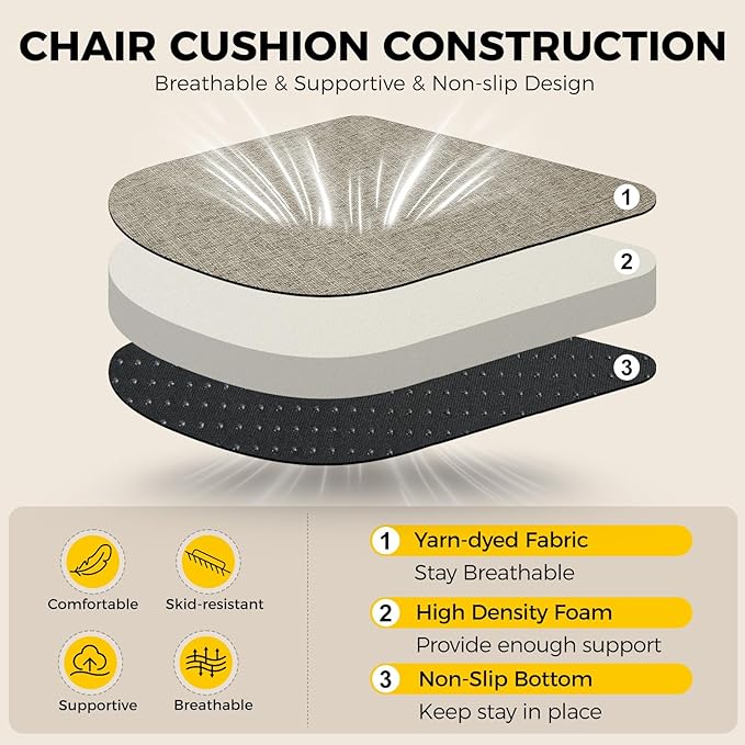 downluxe Indoor Chair Cushions for Dining Chairs, Soft and Comfortable Textured Foam Kitchen Chair Pads with Ties and Non-Slip Backing, 16" x 16" x 2", Khaki, 6 Pack-Ruum Studio Home