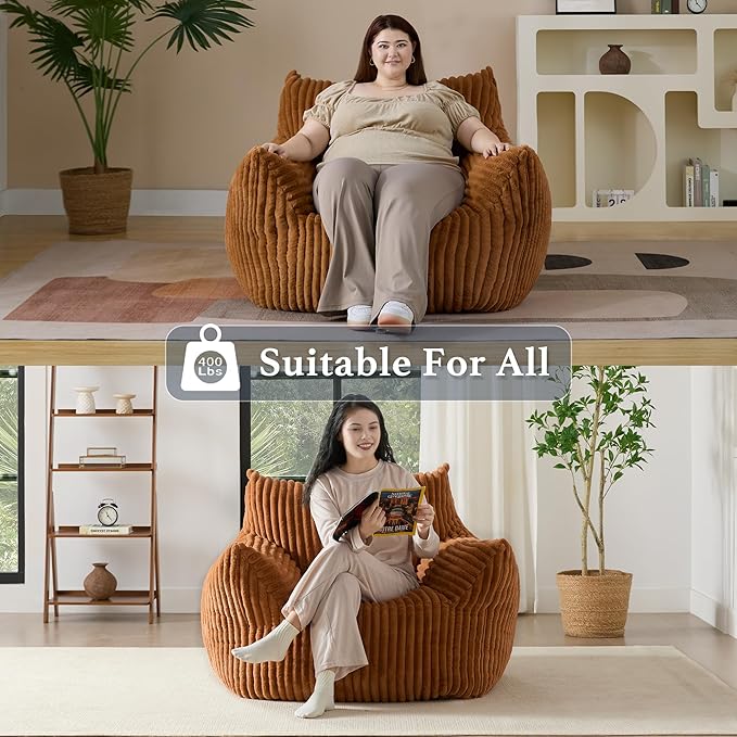 Giant Plush Bean Bag Chair for Adults with Armrests - Oversized Comfy Orange Beanbag Lounge Lazy Floor Sofa Accent Chair for Living Room, Bedroom & Dorm, Cozy Fluffy Single Cloud Mini Couch-Ruum Studio Home