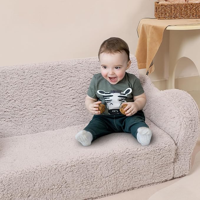 Kids Extra Wide Chairs for Toddler, 2-in-1 Toddler Soft Sherpa Couch Fold Out, Convertible Sofa to Lounger for Girls and Boys, Grey-Ruum Studio Home