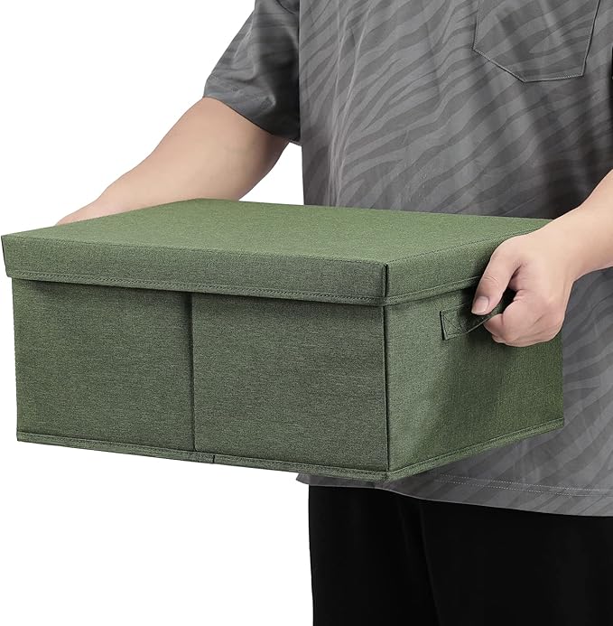 HOONEX Storage Bins with Lids for Organizing, Pack of 2, Storage Boxes with 2 Carrying Handles and Sturdy Heavy Cardboard, 16.5" L x 11.8" W x 7.5" H for Shoes, Books, Clothes, Olive-Ruum Studio Home