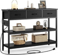 Lulive Entryway Table with Power Outlets, Console Table with 3 Fabric Drawers, Sofa Table for Living Room, Hallway, Couch, Foyer, Height Adjustable (Black, 43")-Ruum Studio Home