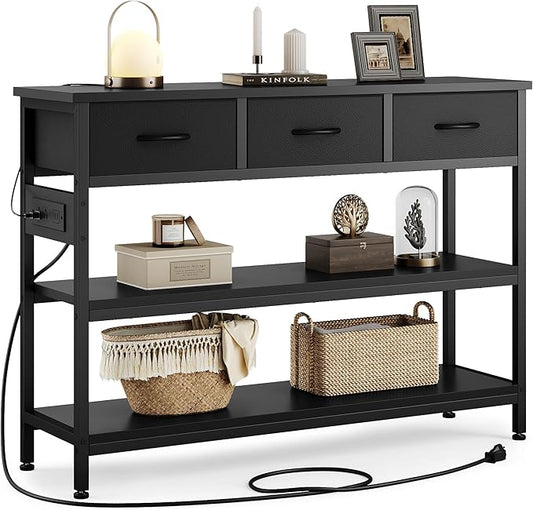 Lulive Entryway Table with Power Outlets, Console Table with 3 Fabric Drawers, Sofa Table for Living Room, Hallway, Couch, Foyer, Height Adjustable (Black, 43")-Ruum Studio Home