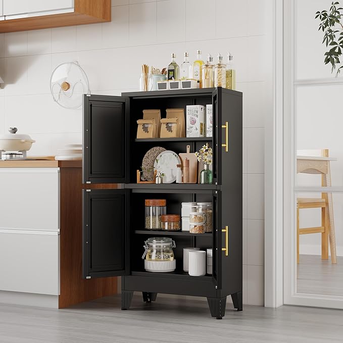 47.25" Metal Storage Cabinet, Black Kitchen Food Storage with 4 Door and 2 Adjustable Shelves, Freestanding Bathroom Cabinet, Pantry for Kitchen Dinning Room, Cupboard-Ruum Studio Home