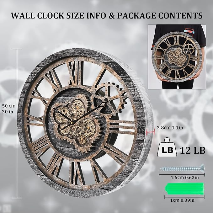 HOIBAI Wall Clock, Large Wall Clocks for Living Room Decor 18 Inch Battery Operated Silent Non-Ticking Modern Farmhouse Vintage Roman Big Wall Clock for Home Bedroom House Office, Moving Gears Clock-Ruum Studio Home
