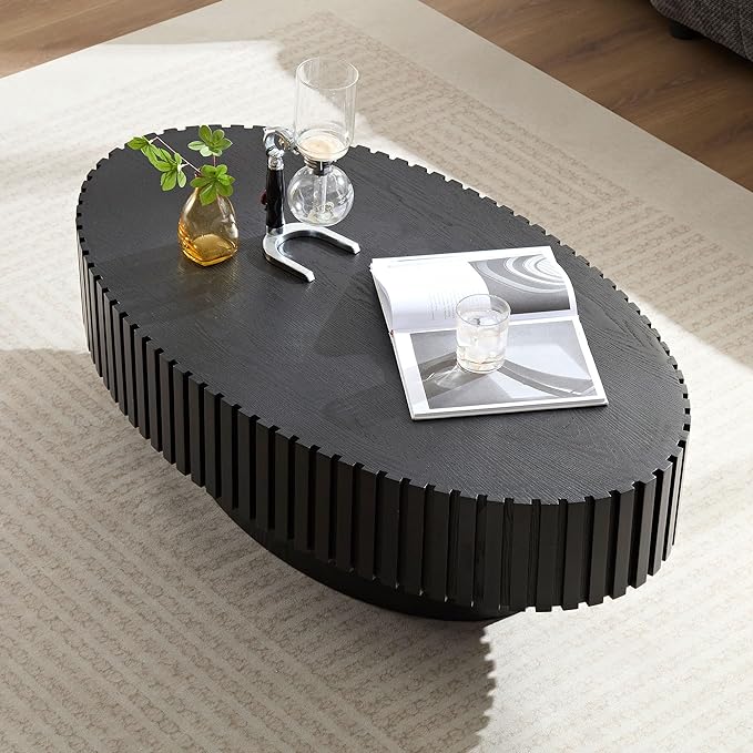 Oval Coffee Table for Living Room, Modern Fluted Coffee Tables with Pedestal Base, Handcrafted Centre Tea Tables Easy Assembly-43.7" Black-Ruum Studio Home