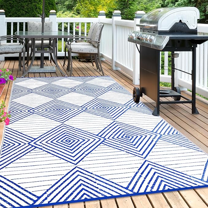 Waterproof Outdoor Rug 6x9ft, Foldable Reversible Plastic Straw Mat for Patio RV Deck Porch Backyard Balcony Camping Picnic Beach Indoor Outdoor Carpet, Blue&White-Ruum Studio Home