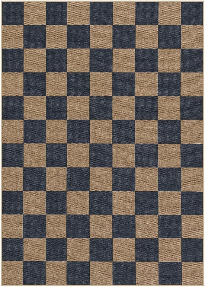 Lahome Checkered Easy Jute Living Room Rugs, 5x7 Dining Room Office Rug Farmhouse Outdoor Patio Carpet, Checkerboard Washable Non Slip Indoor Outdoor Blue Carpet for Backyard Entry Deck-Ruum Studio Home