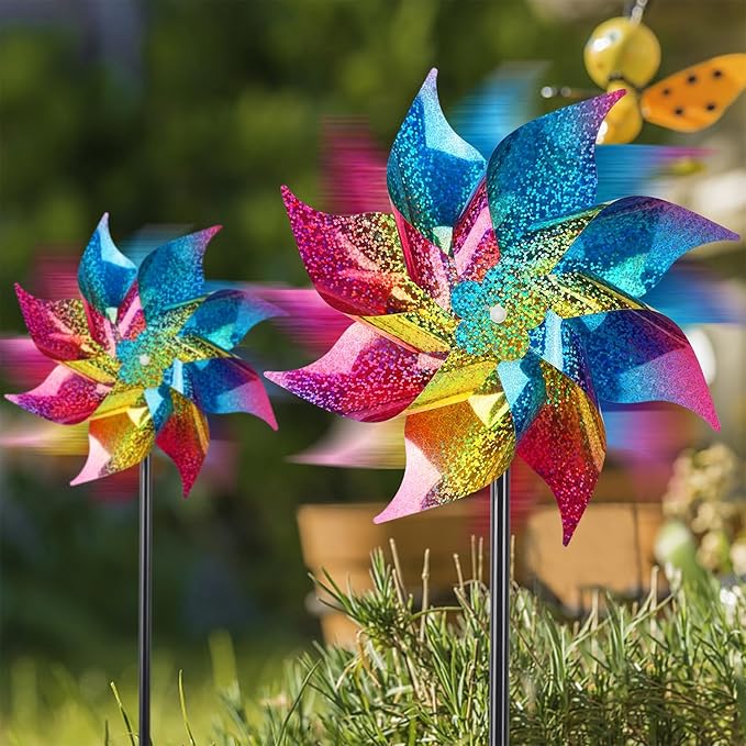 Hausse 10 Pack Reflective Pinwheels Wind Spinner, Extra Sparkly Rainbow Pinwheel with Stakes, Bird Repellent Blinder Devices Deterrent to Scare Birds Away from Yard Patio Farm Garden, Colorful-Ruum Studio Home