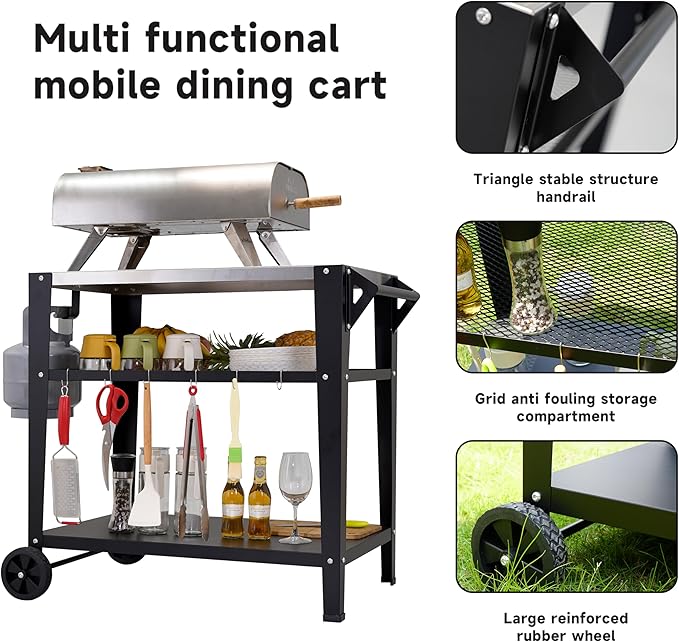 Stainless Steel Outdoor Grill Cart with Wheels, Heavy-Duty 3-Tier BBQ Prep Table for Pizza Oven, Griddle, Patio – Rustproof Commercial Kitchen Cart with Tool Hooks-Ruum Studio Home