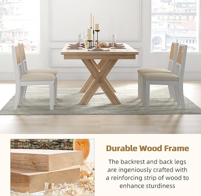 Westice Rattan Dining Chairs Set of 2, Farmhouse Natural Dining Room Chairs with Upholstered Cushion, Wood Armless Chairs for Kitchen/Restaurant, White-Ruum Studio Home