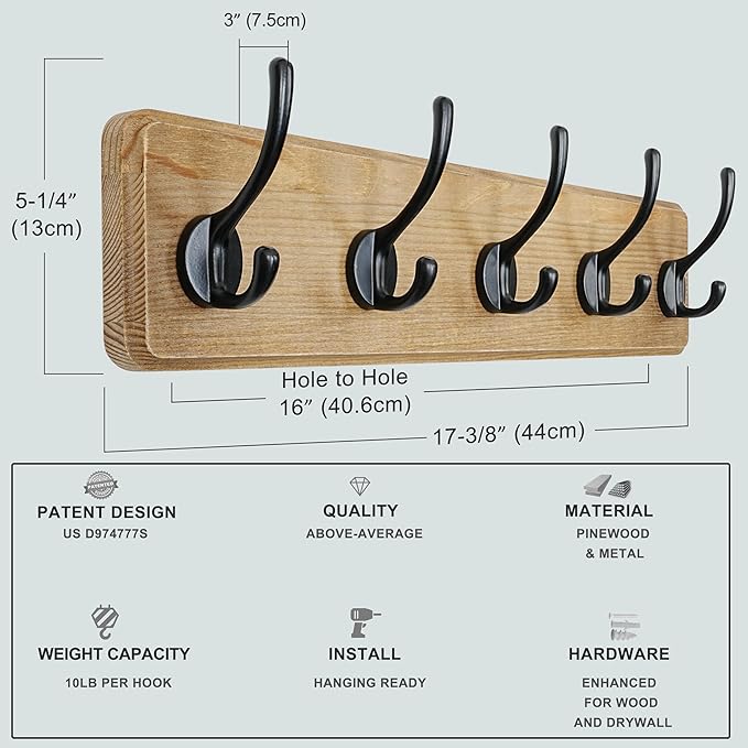 Dseap Coat Rack Wall: Patented, Heavy-duty, 17.4" Long 5-double-hooks Wooden Wall Mounted Coat Rack Coat Hanger Hook Rail for Winter Coats Hat Jacket Clothing, White & Black-Ruum Studio Home