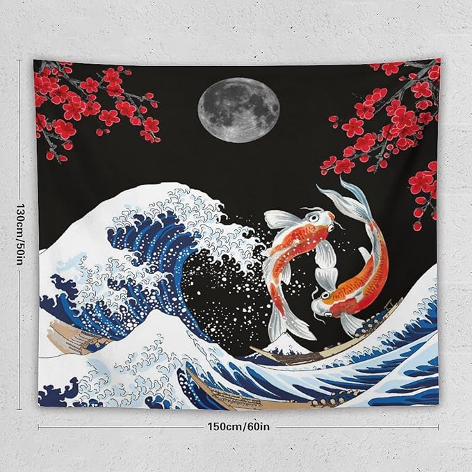 Houselerax Japanese Koi Fish Tapestry, Yin Yang Big Wave Red Cherry Blossom Tapestries Wall Hanging for Bedroom Living Room Office Decor 60"x50"-Ruum Studio Home