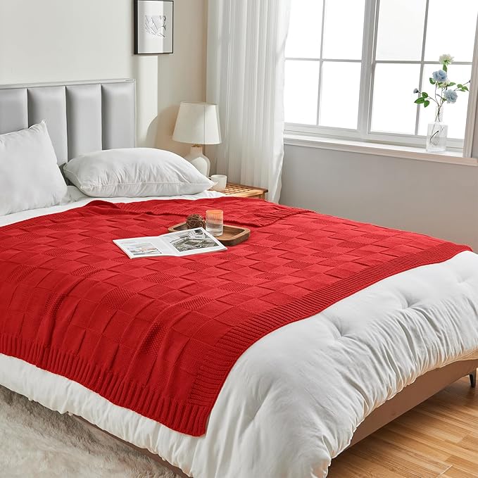 CozeCube Knit Throw Blanket,Christmas Red Checkered Bedroom Blanket for Couch,Soft Cozy Warm Knitted Blanket for Bed Sofa Living Room,Decorative Spring Fall Throw Blanket 60"X80",Christmas Red-Ruum Studio Home