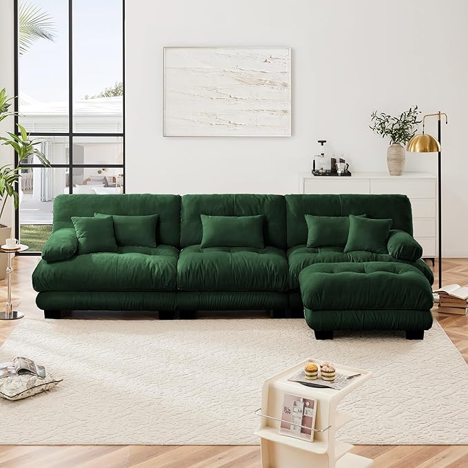 Modular Sectional Sofa, Comfy Cloud Couch 3 Seater Couch with Ottoman, Sectional Couches for Living Room, Modern Chenille L Shaped Couches, Sleeper Deep Seat Sofa with Throw Pillows, Green-Ruum Studio Home