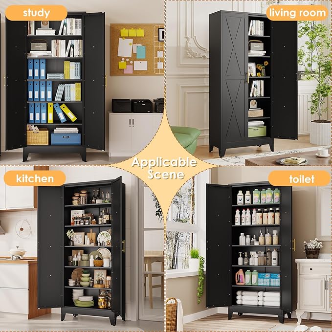 75" Tall Metal Kitchen Pantry Storage Cabinet, Freestanding Cupboard with 2 Doors and 5 Adjustable Shelves, Standing Storage for Kitchen, Bathroom, Garage, Dinning Room or Utility Room（Black）-Ruum Studio Home
