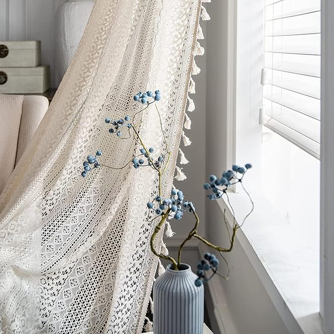Sutuo Home Boho Sheer Curtain 108 Inches Long, Crochet Lace with Bohemian Hollow Knitted Handmade Tassels,Vintage Farmhouse Window Treatment for Bedroom, Rod Pocket, 1 Panel 59" W x 108" L, Beige-Ruum Studio Home