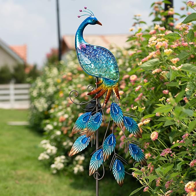 TERESA'S COLLECTIONS Garden Decor Blue Peacock with Solar Outdoor Lights, 40" Glass Yard Art for Outside, Decorative Metal Stake Outdoor Decor for Lawn Decorations, Patio, Gifts for Mom-Ruum Studio Home